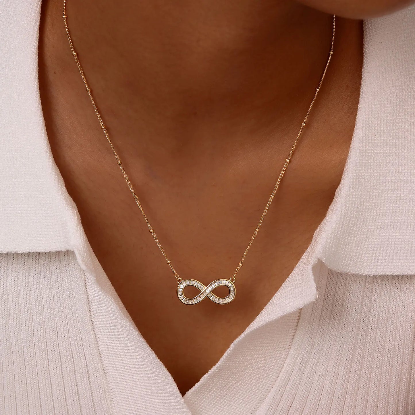 14k Gold Plated Stainless Steel Button Bead Chain Copper Zircon Infinity Necklace /Forever Fashion Love  Pendant Necklace