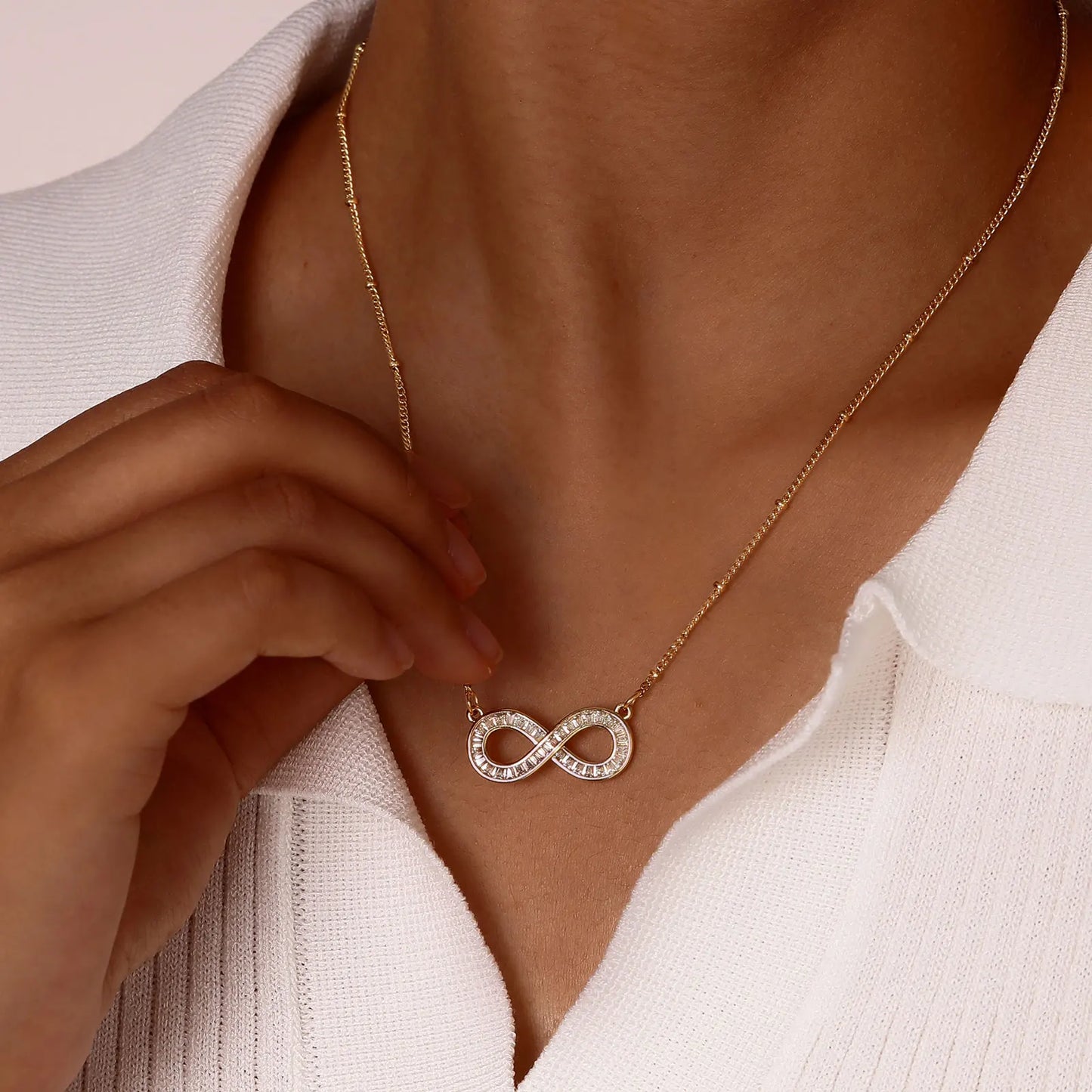 14k Gold Plated Stainless Steel Button Bead Chain Copper Zircon Infinity Necklace /Forever Fashion Love  Pendant Necklace