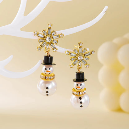 Luxury Fashion Christmas Rhinestone Snowflake Imitation Pearl Hat Snowman Earrings For Women Cute New Year Party Jewelry Gift