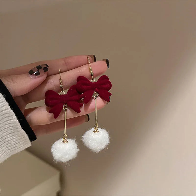 KADRUFI Vintage Red New Christmas Flocking Earrings for Women Bow-knot C-Shape Pearl Rhinestone Drop Earring Jewelry Party Gift