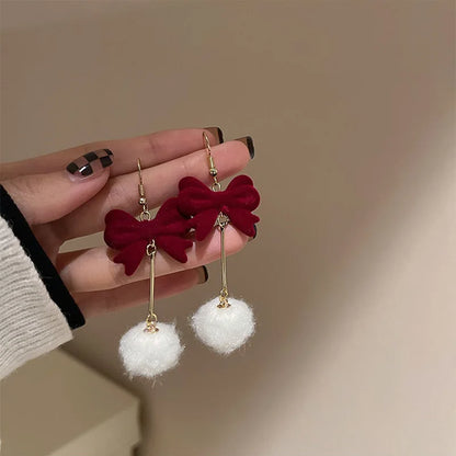 KADRUFI Vintage Red New Christmas Flocking Earrings for Women Bow-knot C-Shape Pearl Rhinestone Drop Earring Jewelry Party Gift