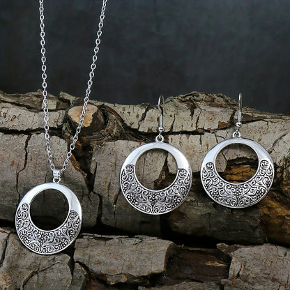 Boho Silver Earrings Necklace Combination Set