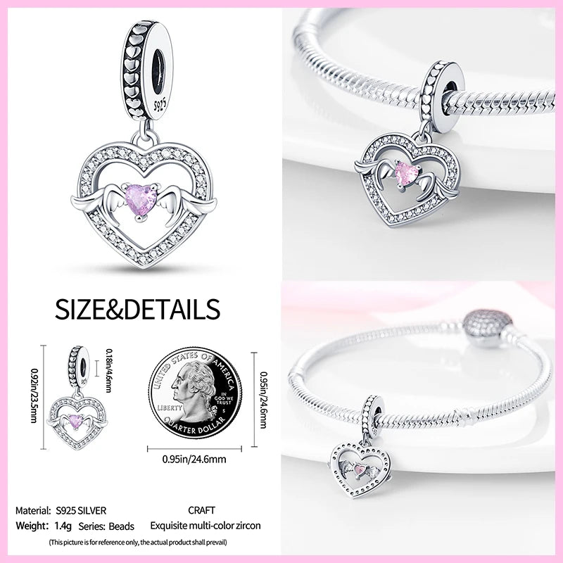 Real 925 Sterling Silver Pink Series Heart Charms Beads Fit Pandora 925 Original Bracelets DIY Mother's Day Jewelry Gift For Mom