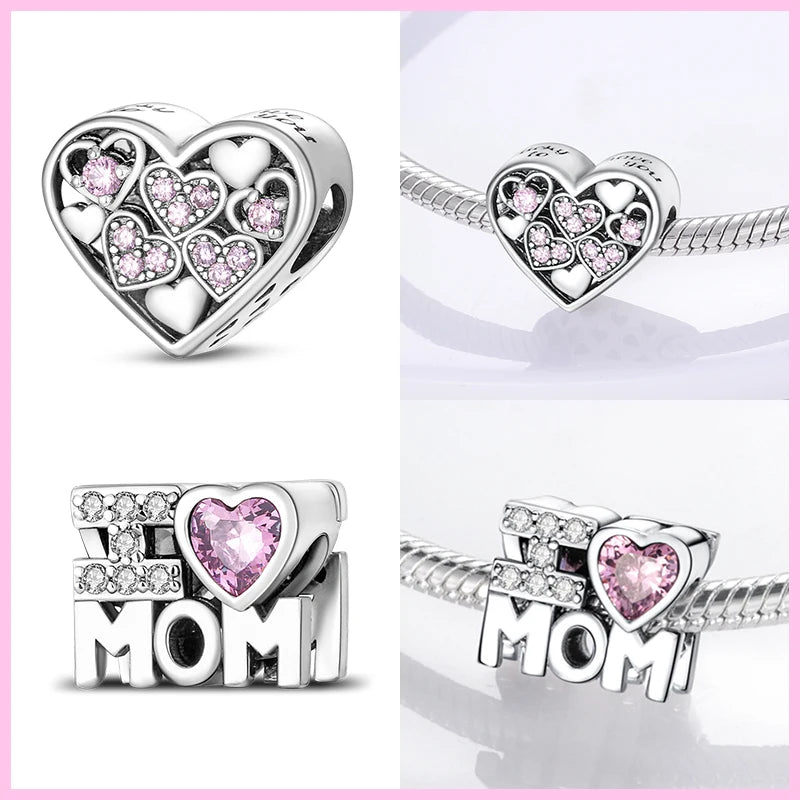 Real 925 Sterling Silver Pink Series Heart Charms Beads Fit Pandora 925 Original Bracelets DIY Mother's Day Jewelry Gift For Mom