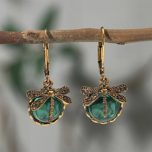 New Vintage Bronze Dragonfly Earrings / Metal Carving Pattern/ Inlaid Moonstone Drop Earrings