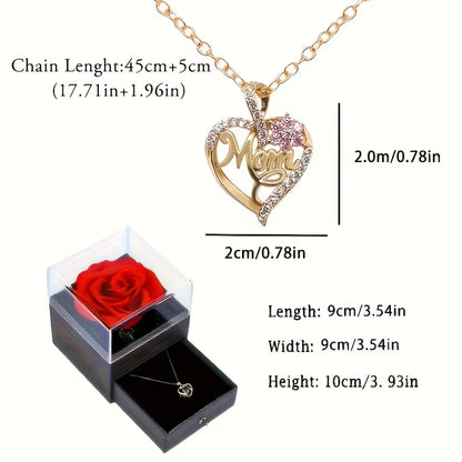 Mom Heart Pendant Necklace With Rose ,Gift Box For Mom Birthday Christmas - New In Fashion Luxury Zircon Jewelry