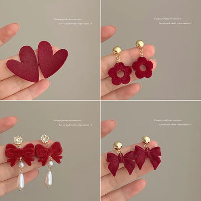 KADRUFI Vintage Red New Christmas Flocking Earrings for Women Bow-knot C-Shape Pearl Rhinestone Drop Earring Jewelry Party Gift