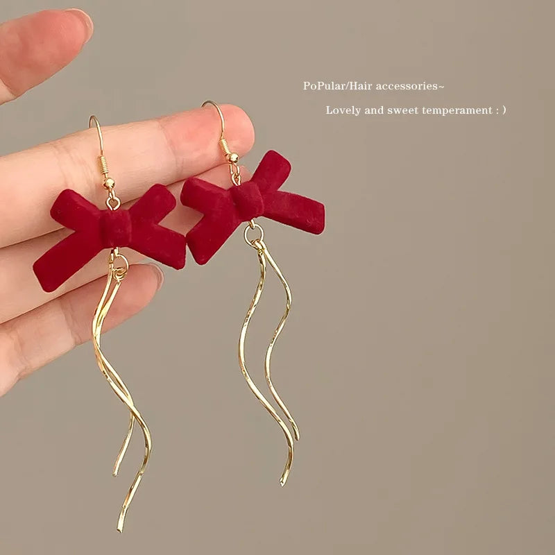 KADRUFI Vintage Red New Christmas Flocking Earrings for Women Bow-knot C-Shape Pearl Rhinestone Drop Earring Jewelry Party Gift