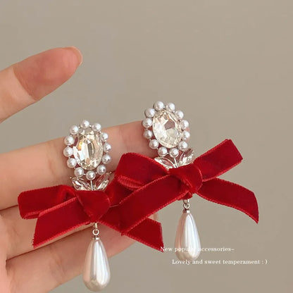 KADRUFI Vintage Red New Christmas Flocking Earrings for Women Bow-knot C-Shape Pearl Rhinestone Drop Earring Jewelry Party Gift