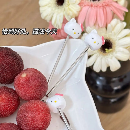 2024 New Kawaii Sanrio Home Hello Kitty Stainless Steel Fruit Fork Base High-Looking Cute Cartoon Fruit Pick Set