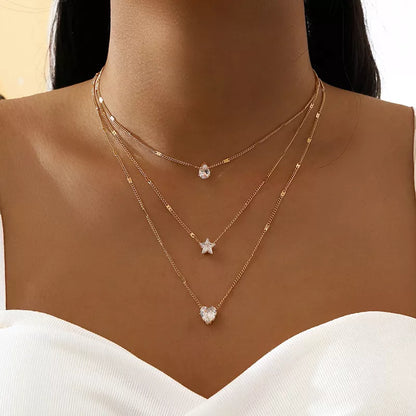 Celestial Splendor: Crystal Zircon Heart Star Layered Necklace Set