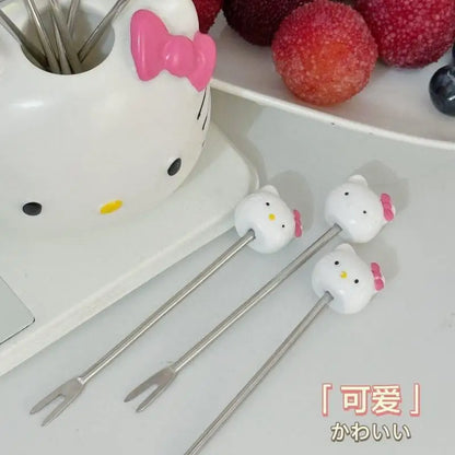 2024 New Kawaii Sanrio Home Hello Kitty Stainless Steel Fruit Fork Base High-Looking Cute Cartoon Fruit Pick Set