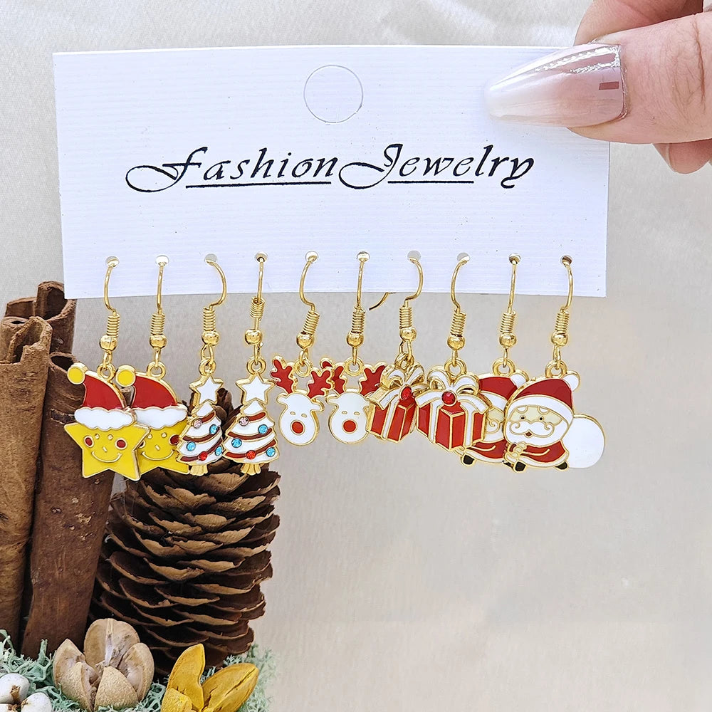 25Pairs/5Pairs Fashion Christmas Earrings Set Cartoon Snowflake Elk Santa Claus Dangle Earrings For Women Christmas Gifts