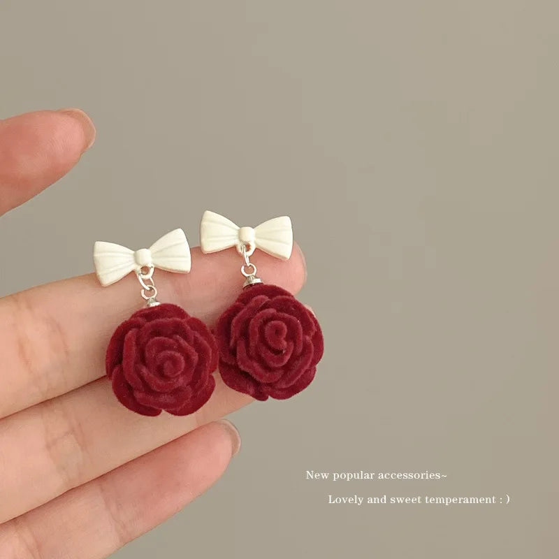 KADRUFI Vintage Red New Christmas Flocking Earrings for Women Bow-knot C-Shape Pearl Rhinestone Drop Earring Jewelry Party Gift