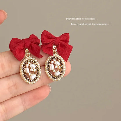 KADRUFI Vintage Red New Christmas Flocking Earrings for Women Bow-knot C-Shape Pearl Rhinestone Drop Earring Jewelry Party Gift