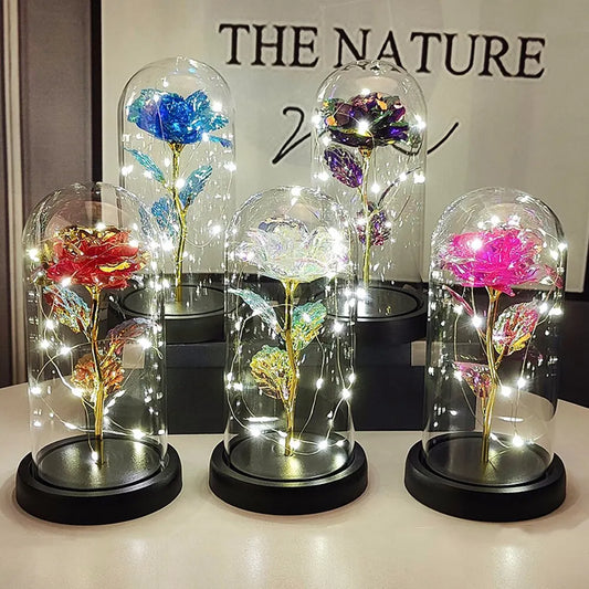 Rose LED Light Foil Flower In Glass Cover Mothers Day Wedding Favors Bridesmaid Gift