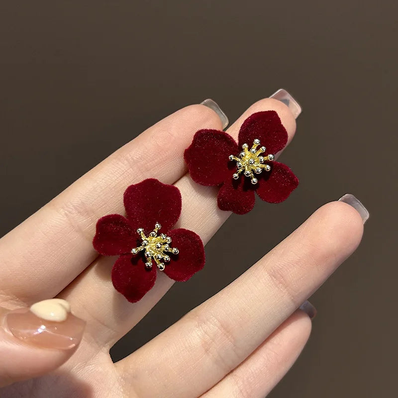 KADRUFI Vintage Red New Christmas Flocking Earrings for Women Bow-knot C-Shape Pearl Rhinestone Drop Earring Jewelry Party Gift