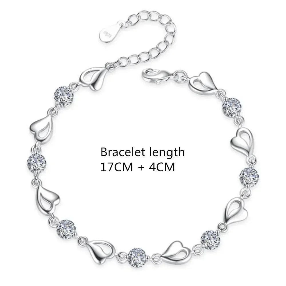 925 Sterling Silver Heart Shaped Necklace Bracelet Set for Women Vintage Korean Blue Crystal Bracelets Jewelry Set Party Jewelry