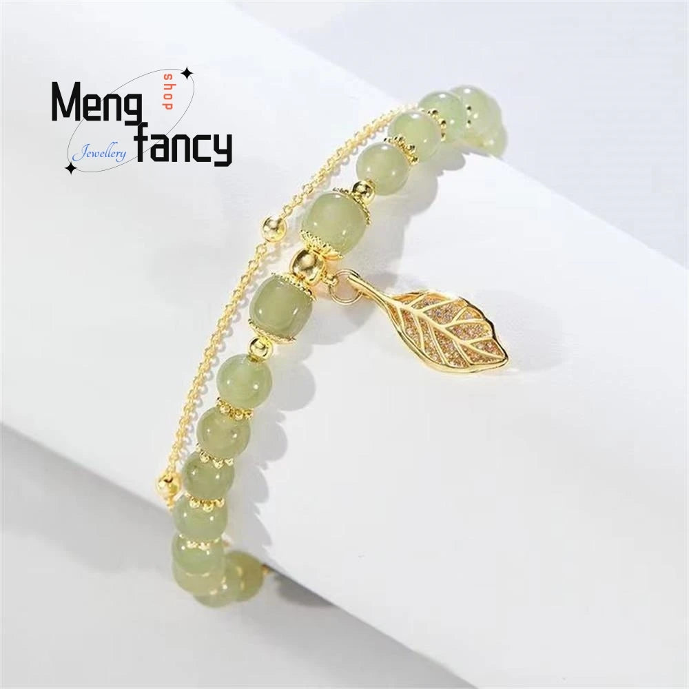 Natural Hetian Jasper Golden Branch Jade Leaves Bracelet Exquisite Holiday Gift Set