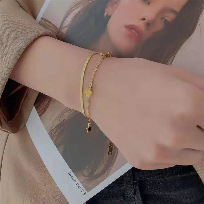 Stainless Steel Multilayer Chain Star Charm Necklace, Bracelet For Women | New Trend Jewelry Set