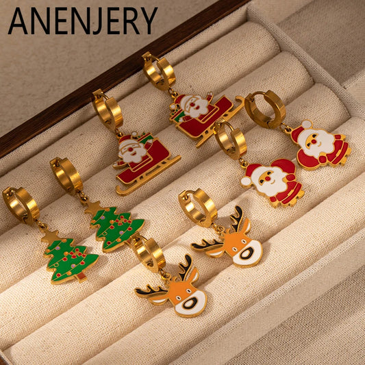 ANENJERY 316L Stainless Steel Tree Deer Christmas Men Pendant Earrings For Women Girls Simple Delicate Jewelry Gifts