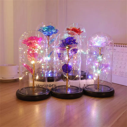 Rose LED Light Foil Flower In Glass Cover Mothers Day Wedding Favors Bridesmaid Gift