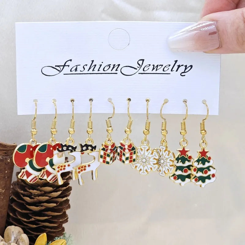 25Pairs/5Pairs Fashion Christmas Earrings Set Cartoon Snowflake Elk Santa Claus Dangle Earrings For Women Christmas Gifts