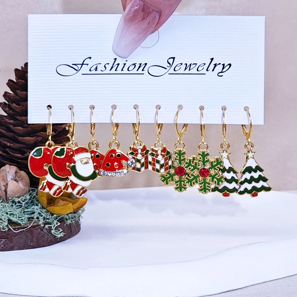 25Pairs/5Pairs Fashion Christmas Earrings Set Cartoon Snowflake Elk Santa Claus Dangle Earrings For Women Christmas Gifts