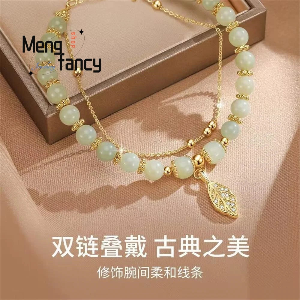 Natural Hetian Jasper Golden Branch Jade Leaves Bracelet Exquisite Holiday Gift Set