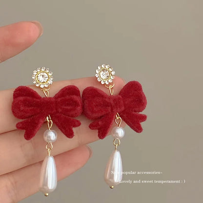 KADRUFI Vintage Red New Christmas Flocking Earrings for Women Bow-knot C-Shape Pearl Rhinestone Drop Earring Jewelry Party Gift