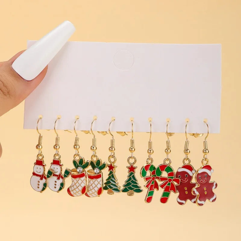 10/20/40pcs New Christmas Set Cross border Hot Selling Cartoon Dripping Oil Elk Santa Claus Christmas Tree Earrings for Women