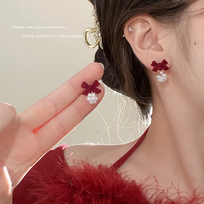 KADRUFI Vintage Red New Christmas Flocking Earrings for Women Bow-knot C-Shape Pearl Rhinestone Drop Earring Jewelry Party Gift