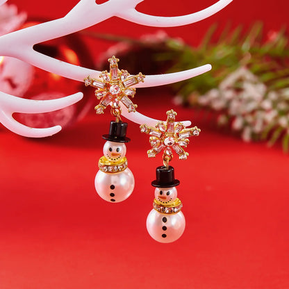 Luxury Fashion Christmas Rhinestone Snowflake Imitation Pearl Hat Snowman Earrings For Women Cute New Year Party Jewelry Gift