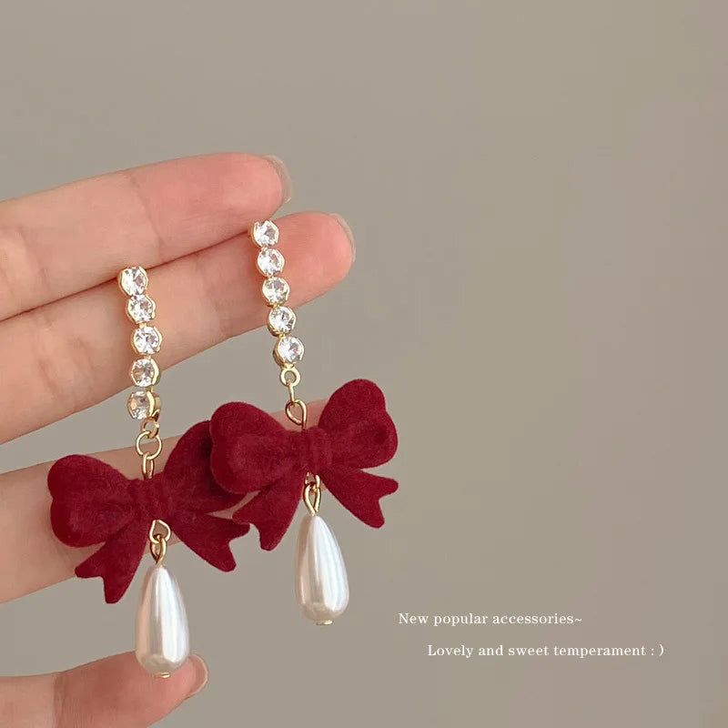 KADRUFI Vintage Red New Christmas Flocking Earrings for Women Bow-knot C-Shape Pearl Rhinestone Drop Earring Jewelry Party Gift