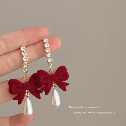KADRUFI Vintage Red New Christmas Flocking Earrings for Women Bow-knot C-Shape Pearl Rhinestone Drop Earring Jewelry Party Gift