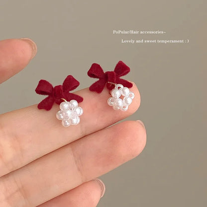 KADRUFI Vintage Red New Christmas Flocking Earrings for Women Bow-knot C-Shape Pearl Rhinestone Drop Earring Jewelry Party Gift