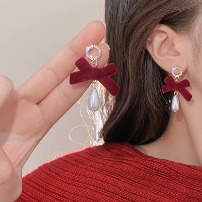 KADRUFI Vintage Red New Christmas Flocking Earrings for Women Bow-knot C-Shape Pearl Rhinestone Drop Earring Jewelry Party Gift