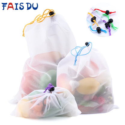 5pcs Colorful Reusable Washable Mesh bags for storing fruits vegetables to stay fresh in the refrigerator / produce shopping bag