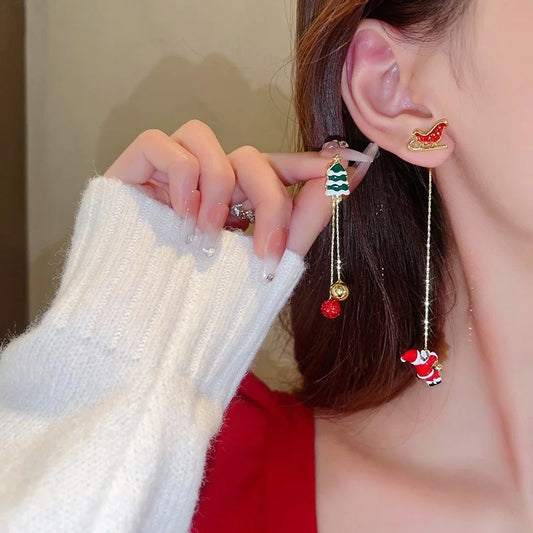 Xmas Santa Claus Drop Earrings / Long Tassel Chain Earrings for Women / Fashion Jewelry / Gift