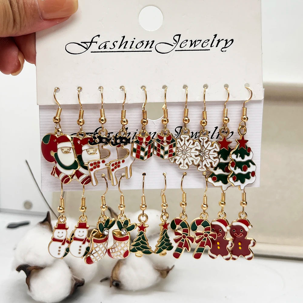 20PCS/10PCS Christmas Earrings Set Cartoon Dripping Oil Elk Santa Claus Gingerbread Man Earrings for Women Christmas Gifts