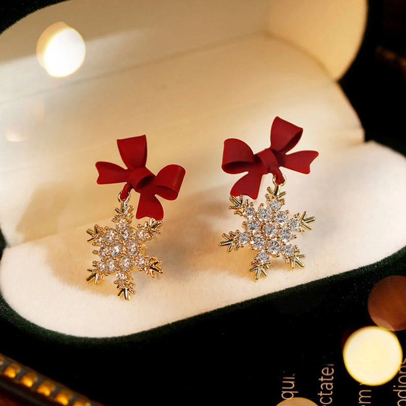 Red Bow Knot Snowflakes Drop Earring for Women / Christmas Gift