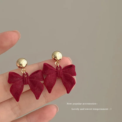 KADRUFI Vintage Red New Christmas Flocking Earrings for Women Bow-knot C-Shape Pearl Rhinestone Drop Earring Jewelry Party Gift