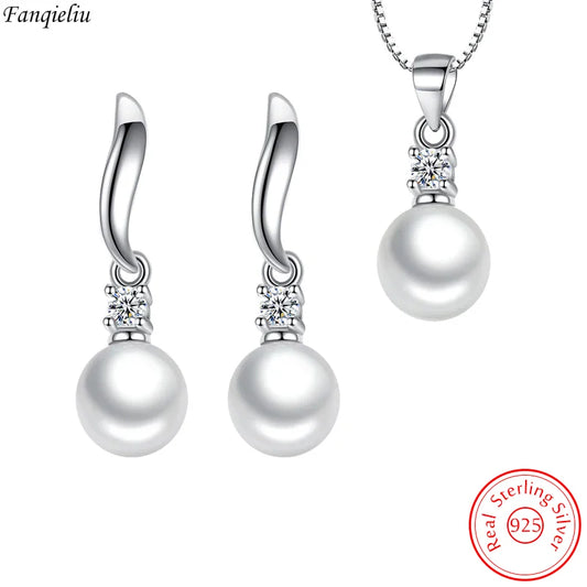 Solid 925 Sterling Silver Pearl Pendant Necklace Crystal Stud Earrings Jewelry Sets For Women  / Party wear / Wedding wear / Gift set