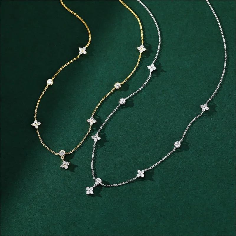 Inlaid Zircon Four-leaf Flower Chain Necklace for Women / Niche Light luxury choker