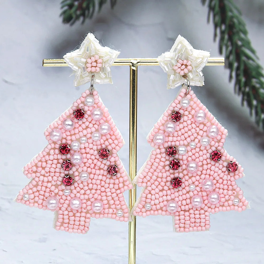 Christmas Candy Cane Imitation Pearl Crystal Dangle Earrings, Boho Style Handmade Rice Beads  Tree Earrings, Holiday Party Favor