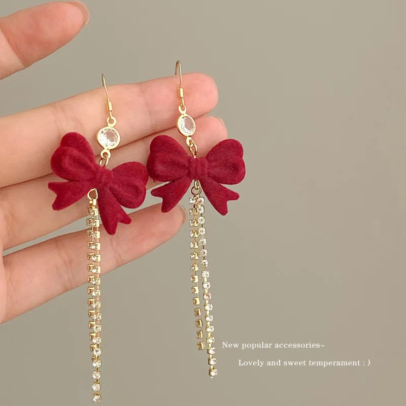 KADRUFI Vintage Red New Christmas Flocking Earrings for Women Bow-knot C-Shape Pearl Rhinestone Drop Earring Jewelry Party Gift