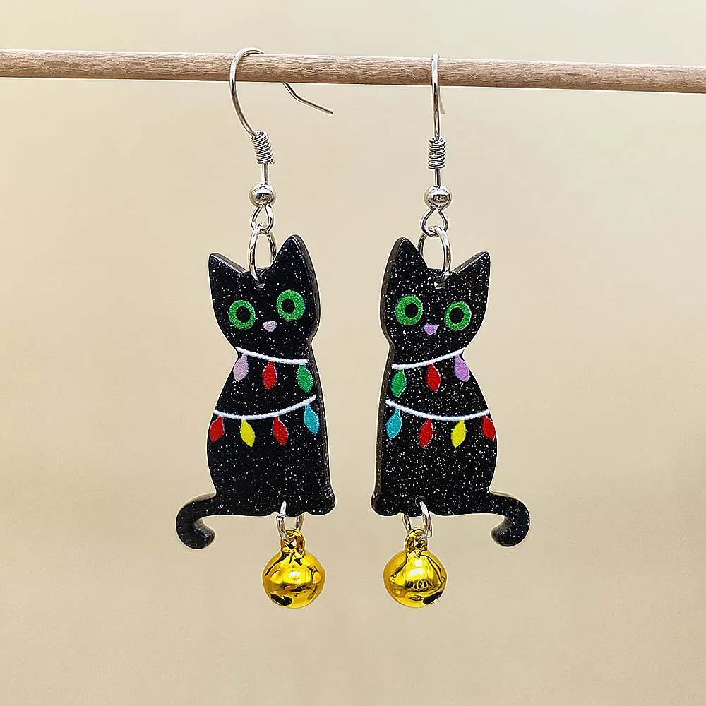 Black Christmas Acrylic Earrings Colorful Lights Cat Bells Earrings Fun Christmas Jewelry for Women Holiday Earrings