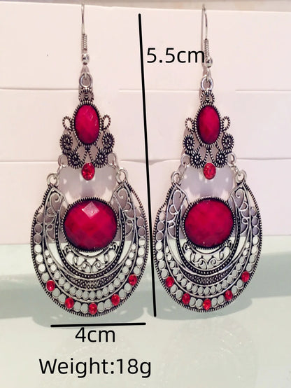 2pcs vintage Bohemian gemstone hollowed out carved ear hook earrings for women and girls