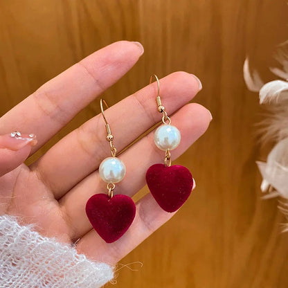 KADRUFI Vintage Red New Christmas Flocking Earrings for Women Bow-knot C-Shape Pearl Rhinestone Drop Earring Jewelry Party Gift