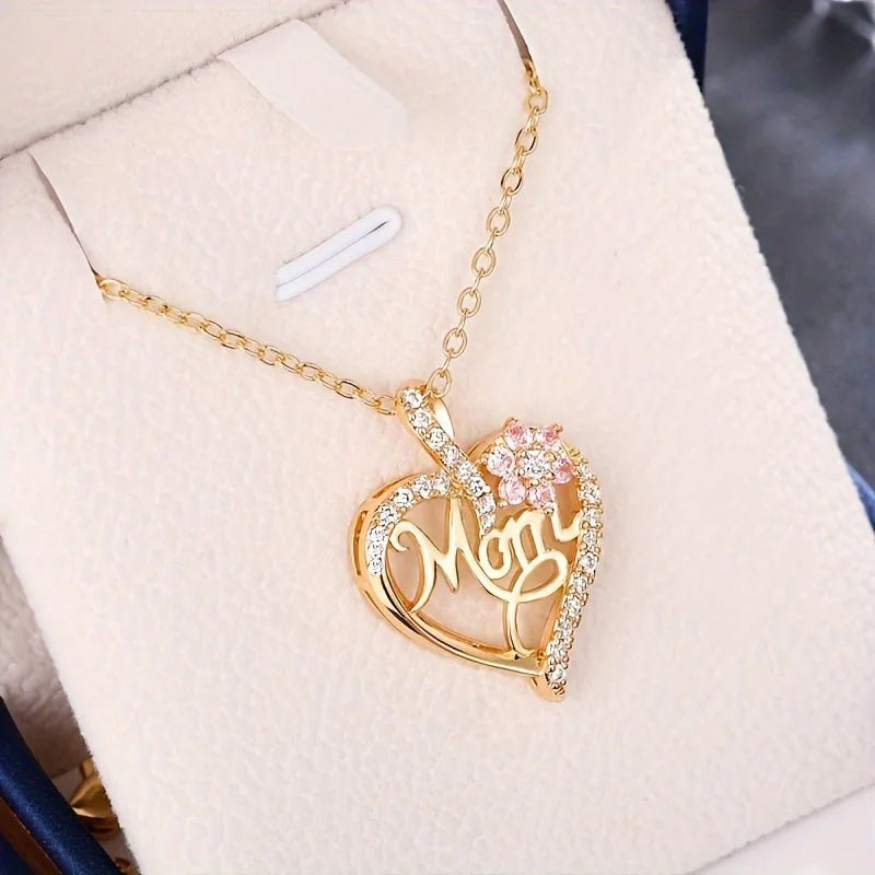 Mom Heart Pendant Necklace With Rose ,Gift Box For Mom Birthday Christmas - New In Fashion Luxury Zircon Jewelry